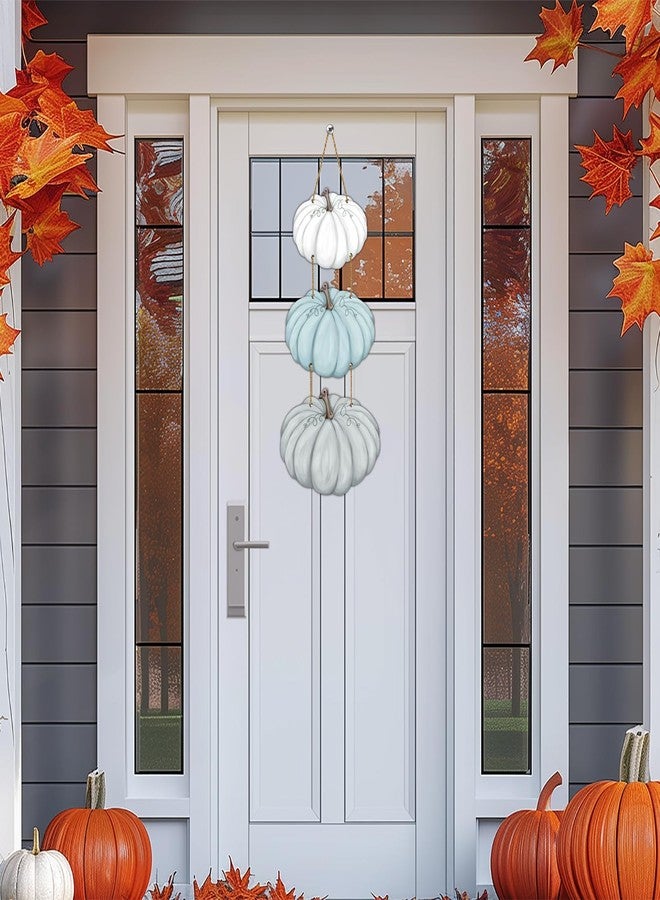 YUNKKIN Fall Door Decor White Blue Pumpkin Wall Decor Wooden Front Door Hanger Sign for Autumn Thanksgiving Harvest Farmhouse Porch Indoor Outdoor Home Decorations - Image 3